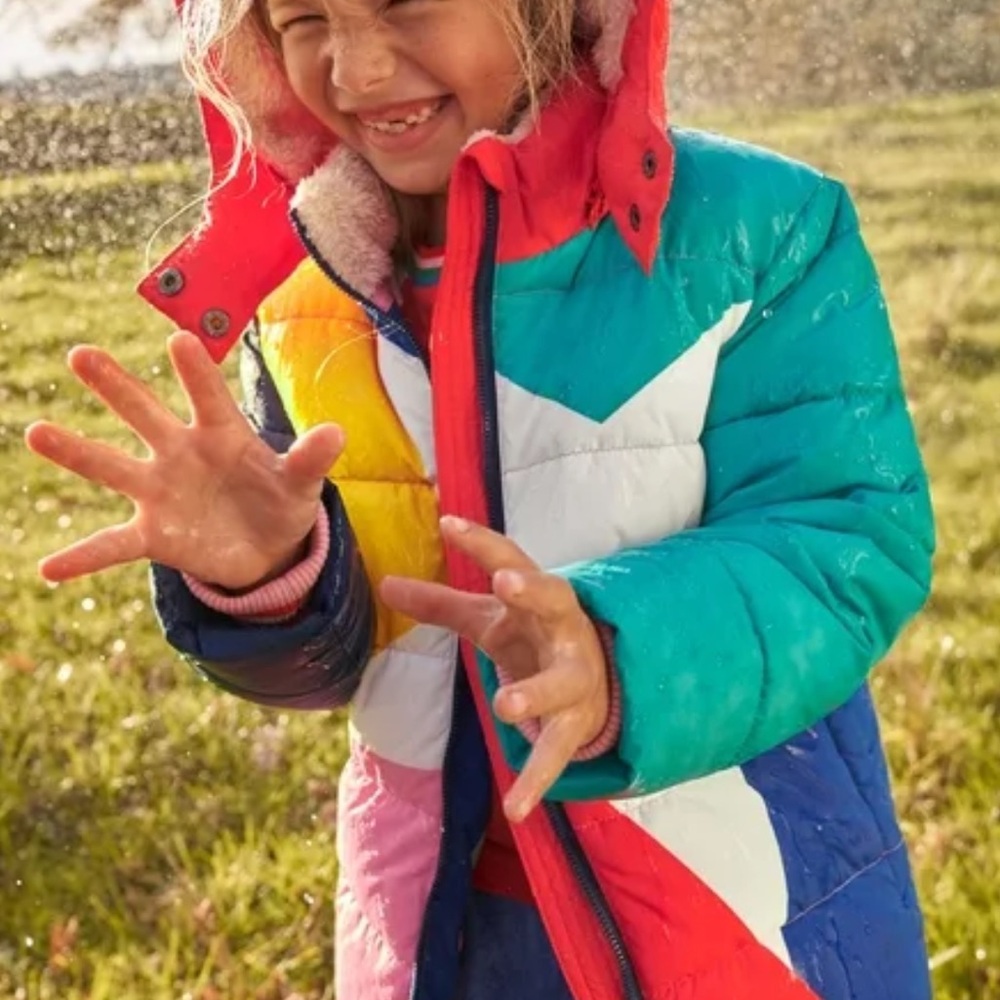 Mini Boden Colorblock Puffer Jacket in Teal, Red, Yellow, Pink, White